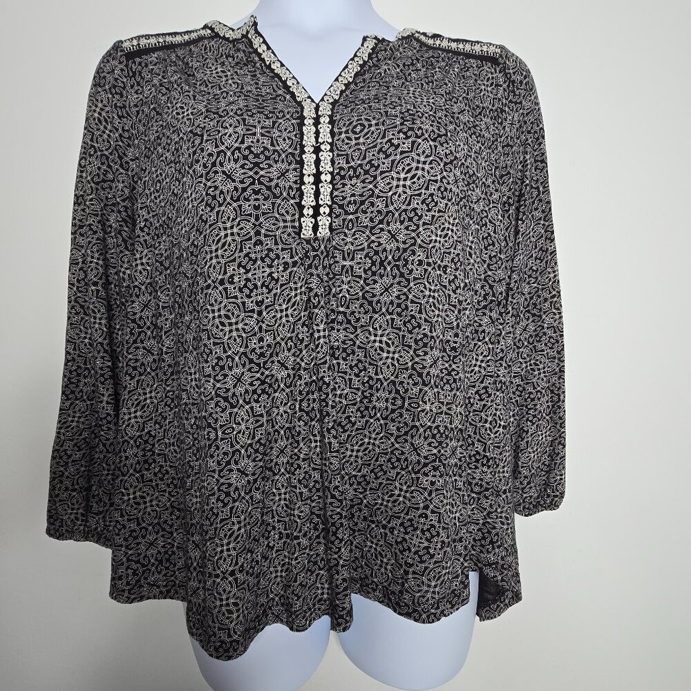 Lucky Brand Womens Size‎ 1X Top Shirt Blouse Black White Boho 3/4 Sleeves